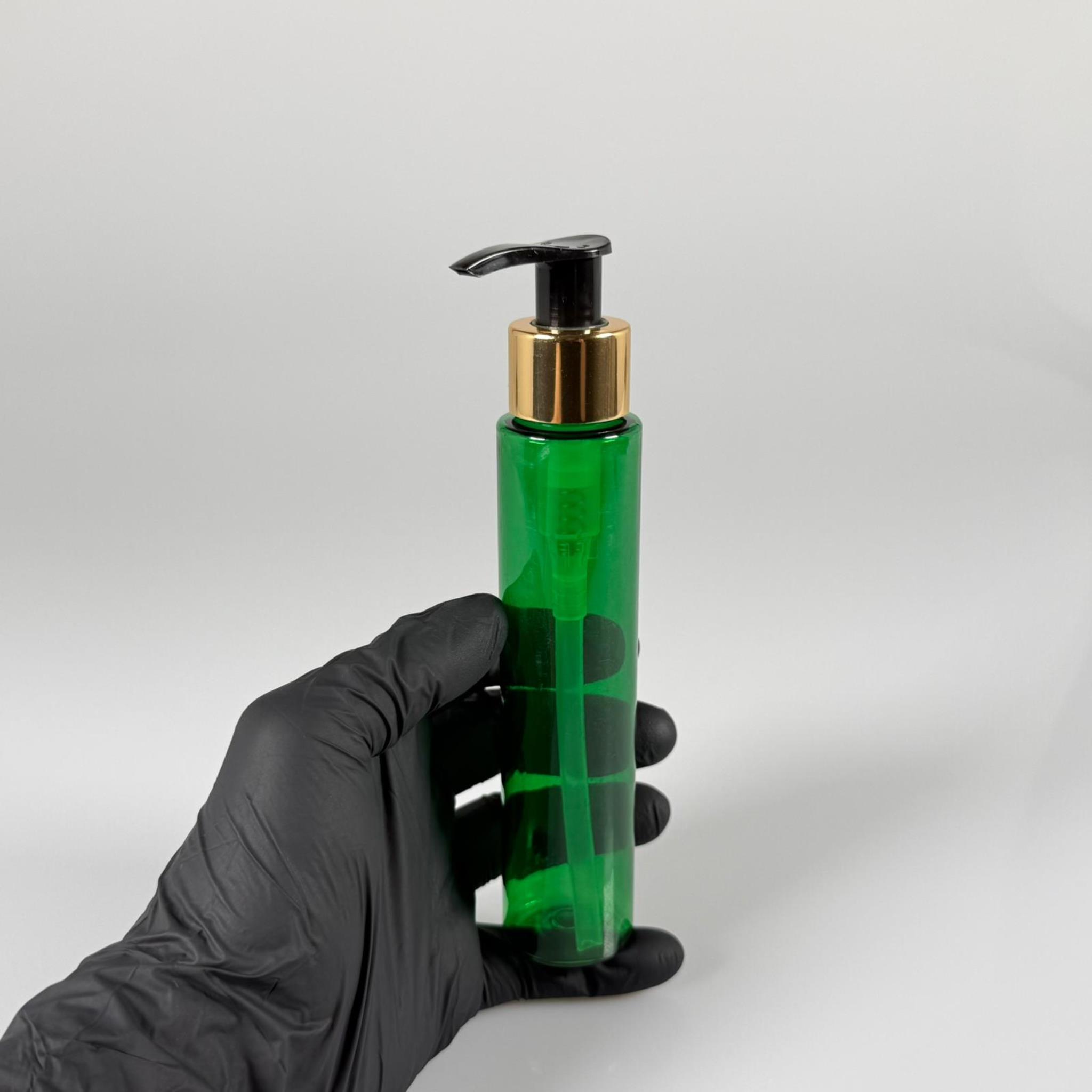 100 CC UZUN SİLİNDİR YEŞİL PET ŞİŞE (24 GR)  - GOLD SABUN POMPALI - 100 ML BİBERİYE SUYU, LAVANTA YAĞI, SAÇ SERUM, TONİK VB İÇİN PLASTİK KOZMETİK AMBALAJLARI