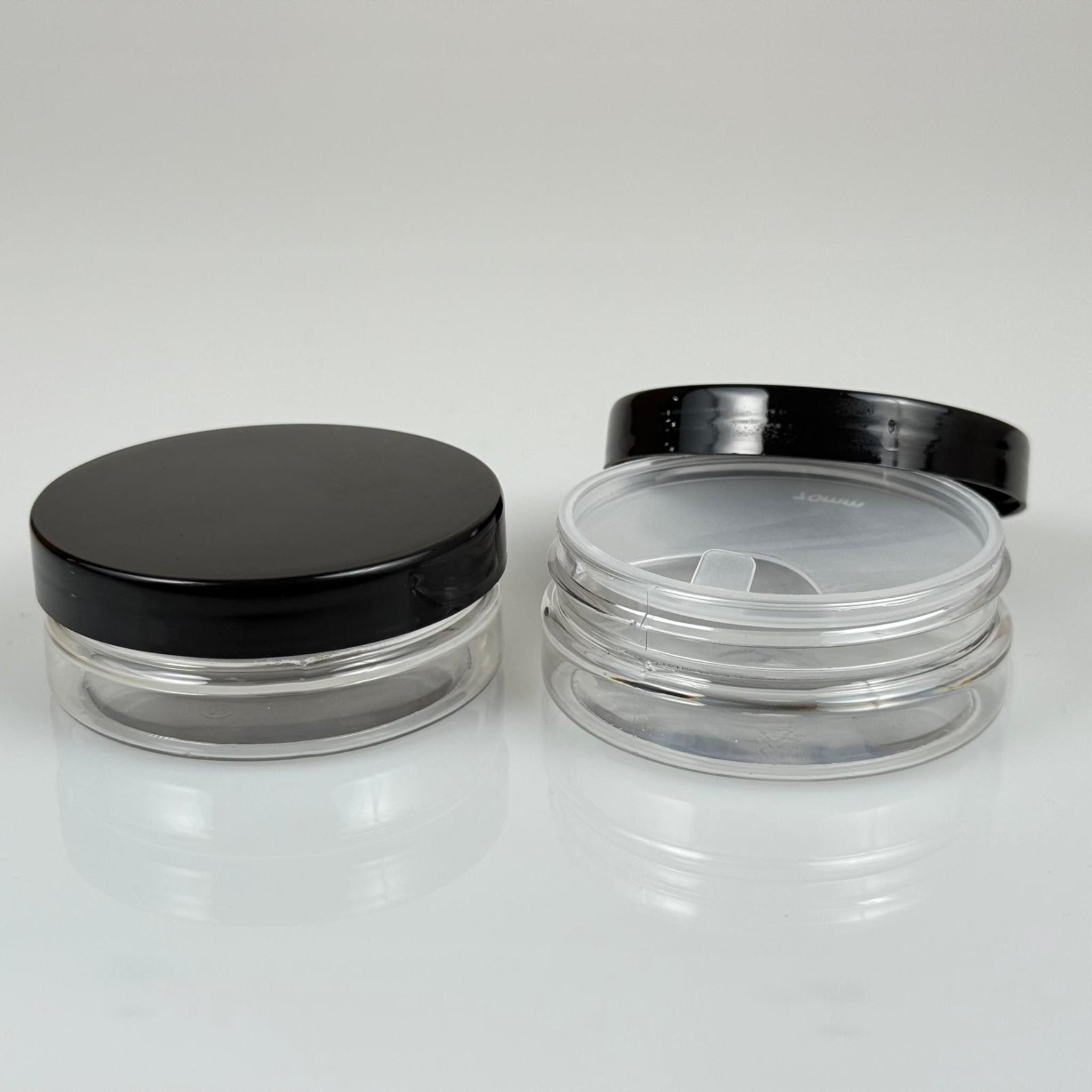 50 ML SERT PET KAVANOZ + SİYAH PLASTİK KAPAK + İÇ TIPA - 50 CC KALIN ŞEFFAF PLASTİK KAVANOZ SİYAH PLASTİK KAPAKLI İÇ TIPALI TAKIM - KREM KAVANOZLARI