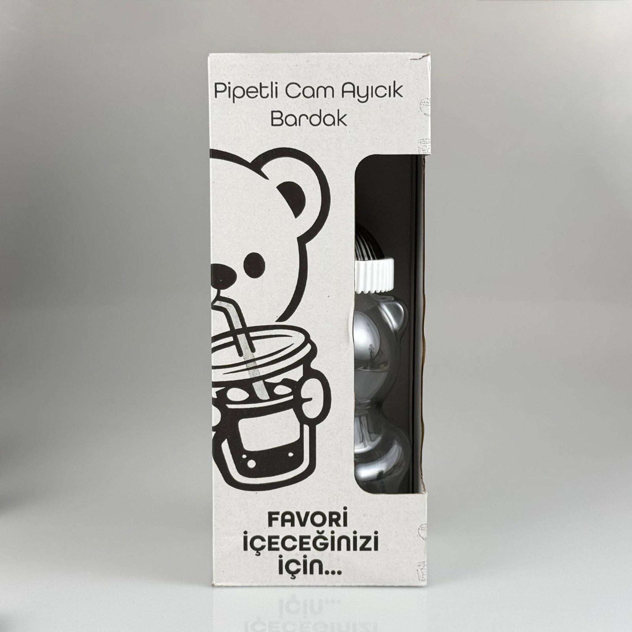 500 CC PİPETLİ CAM AYICIK BARDAK - SİYAH KAPAKLI + FIRÇALI PASLANMAZ ÇELİK GOLD PİPETLİ TAKIM - 500 ML AYICIK FİGÜRLÜ PİPETLİ CAM SU , SOĞUK KAHVE ,  MEYVE SUYU ,  MEŞRUBAT BARDAĞI VB - HEDİYELİK BARDAK