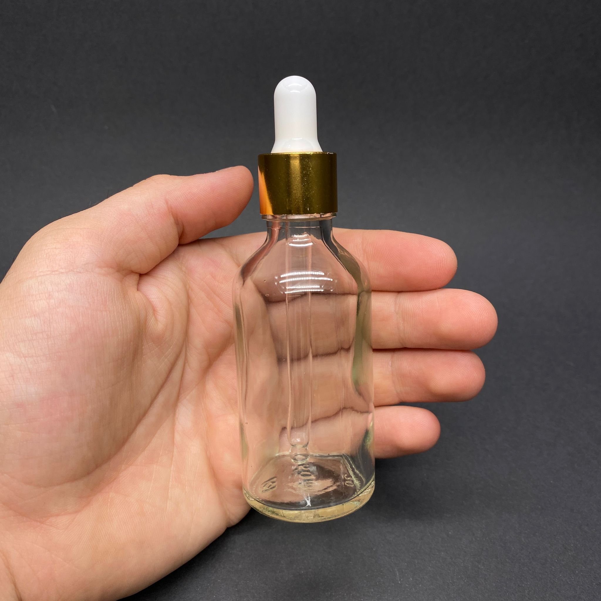 50 CC ŞEFFAF CAM DAMLALIKLI ŞİŞE - BEYAZ EMZİK - GOLD METALİK KAPAK - 50 ML SAYDAM CAM DAMLALIKLI ŞİŞE