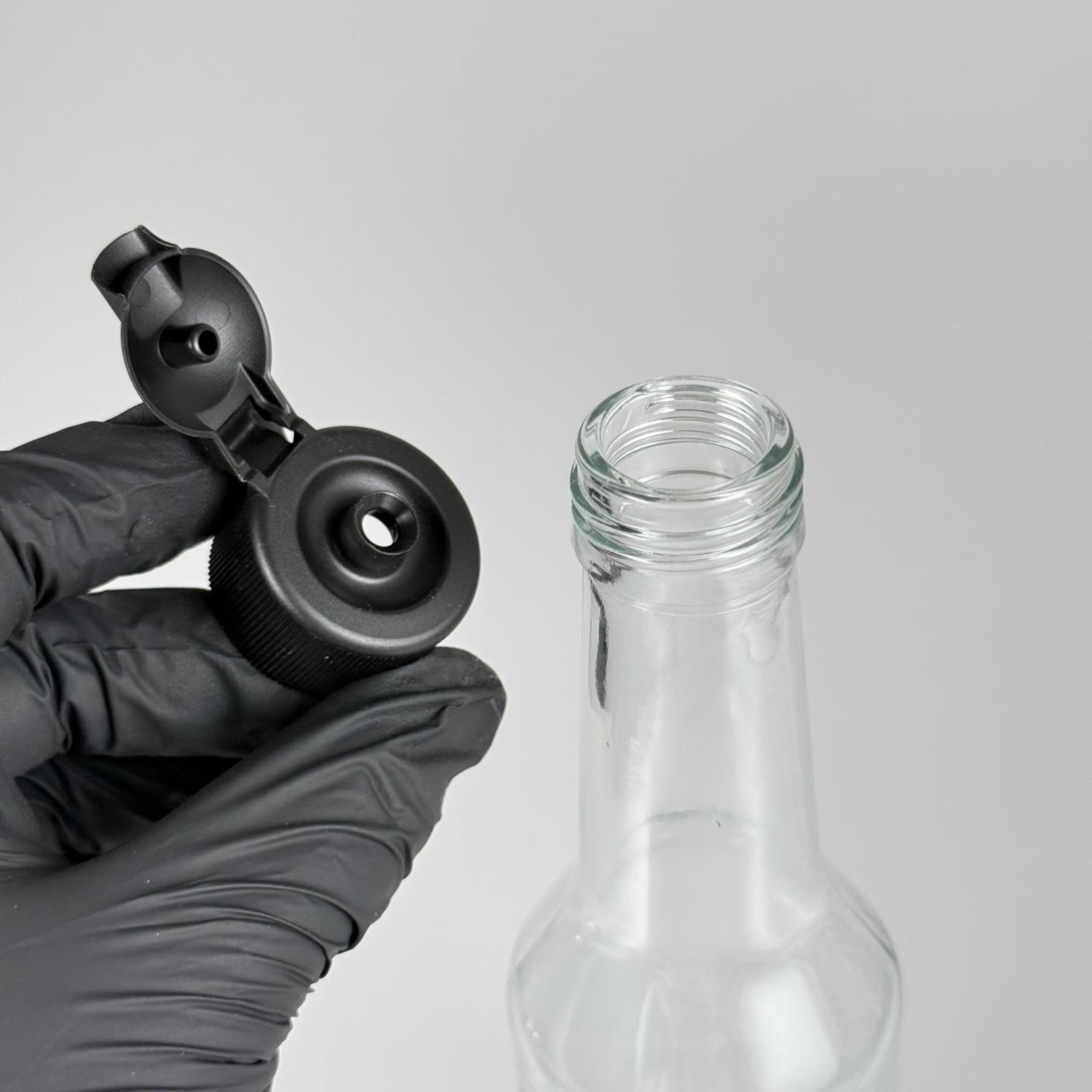 250 CC BOĞAZLI CAM ŞİŞE - SİYAH AKITICILI FLİPTOP KAPAKLI - 250 ML BOŞ CAM ŞİŞE - AÇILIR KAPANIR KAPAKLI