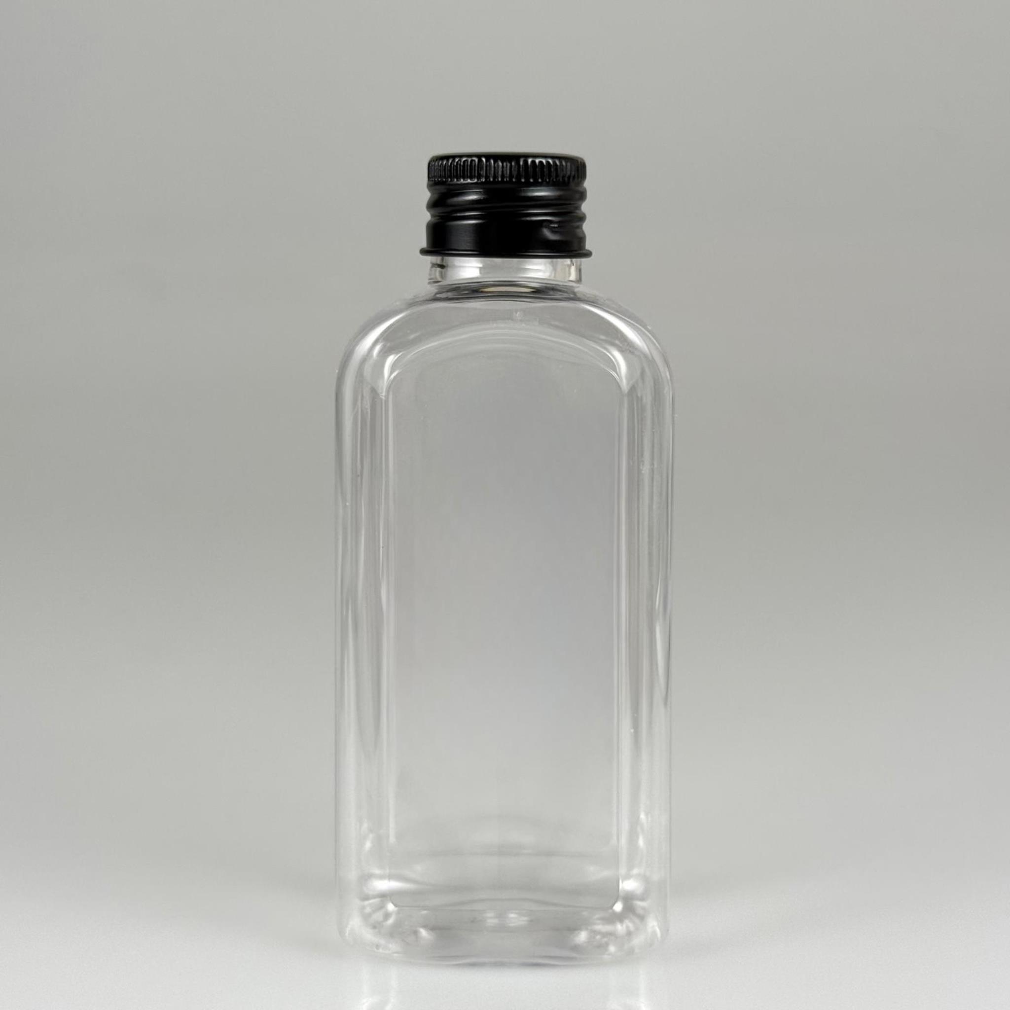 140 CC YASSI KÖŞELİ MODEL ŞEFFAF PET ŞİŞE (24 AĞIZ) + KÖPÜK CONTALI SİYAH METAL ALÜMİNYUM KAPAK TAKIM - 140 ML KAPAKLI PLASTİK ŞİŞELER