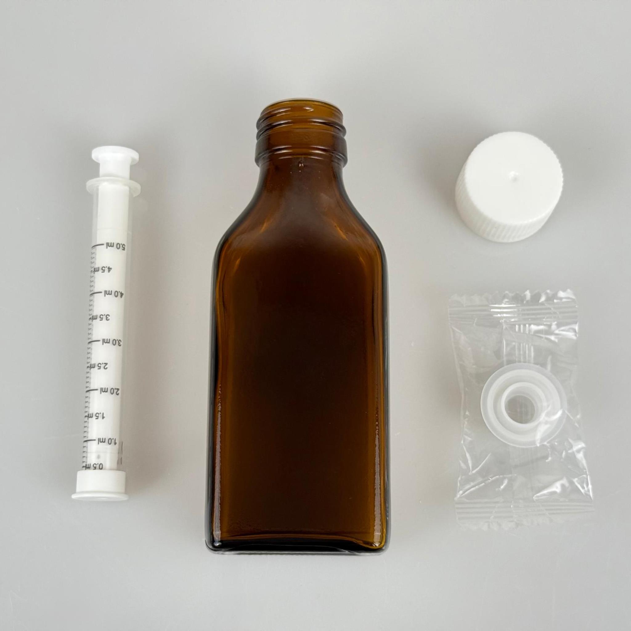100 ML YASSI CAM ECZA ŞİŞESİ + 5 ML DOZAJ PİPETİ + DOZAJ TIPASI + CONTALI PLASTİK KAPAK TAKIM