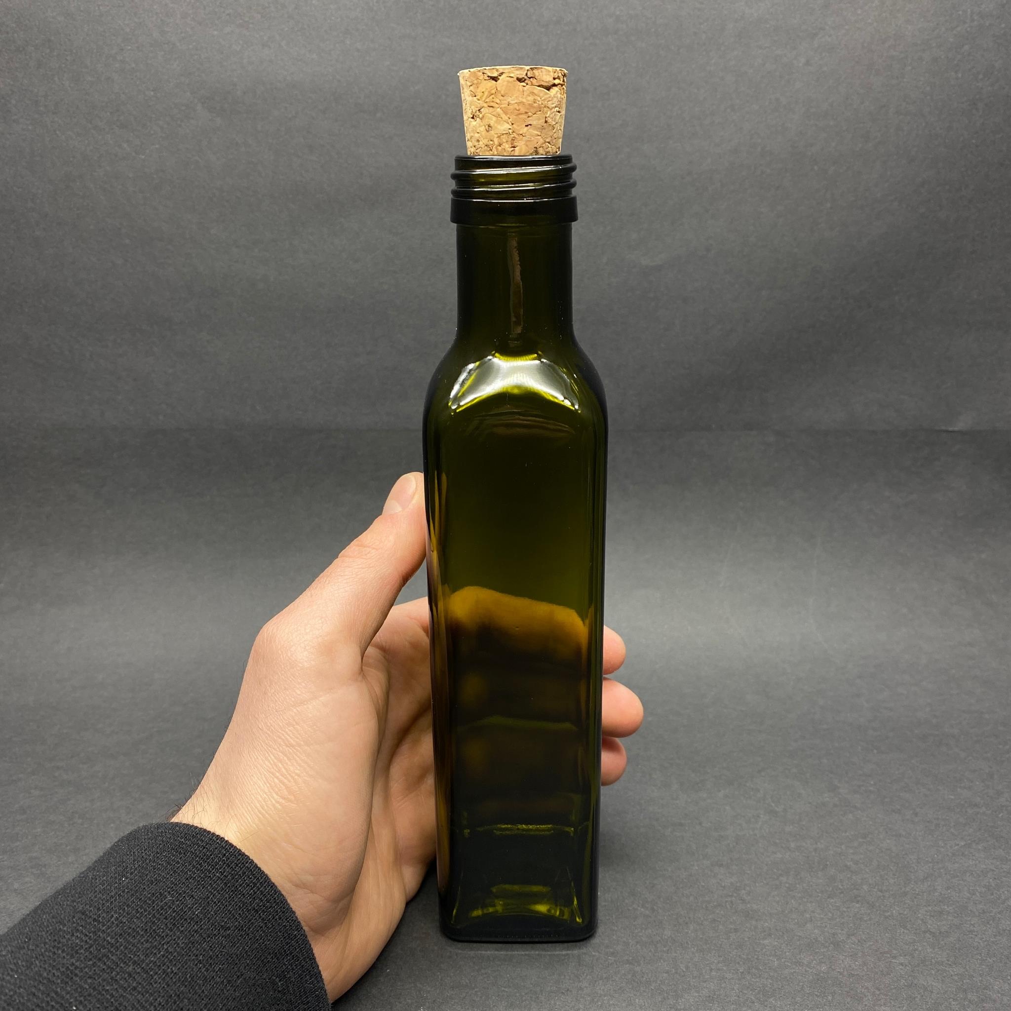 250 CC YEŞİL MARASKA CAM ŞİŞE - MANTAR TIPALI - 250 ML KÖŞELİ YAĞ ŞİŞESİ - SİRKE ŞİŞESİ