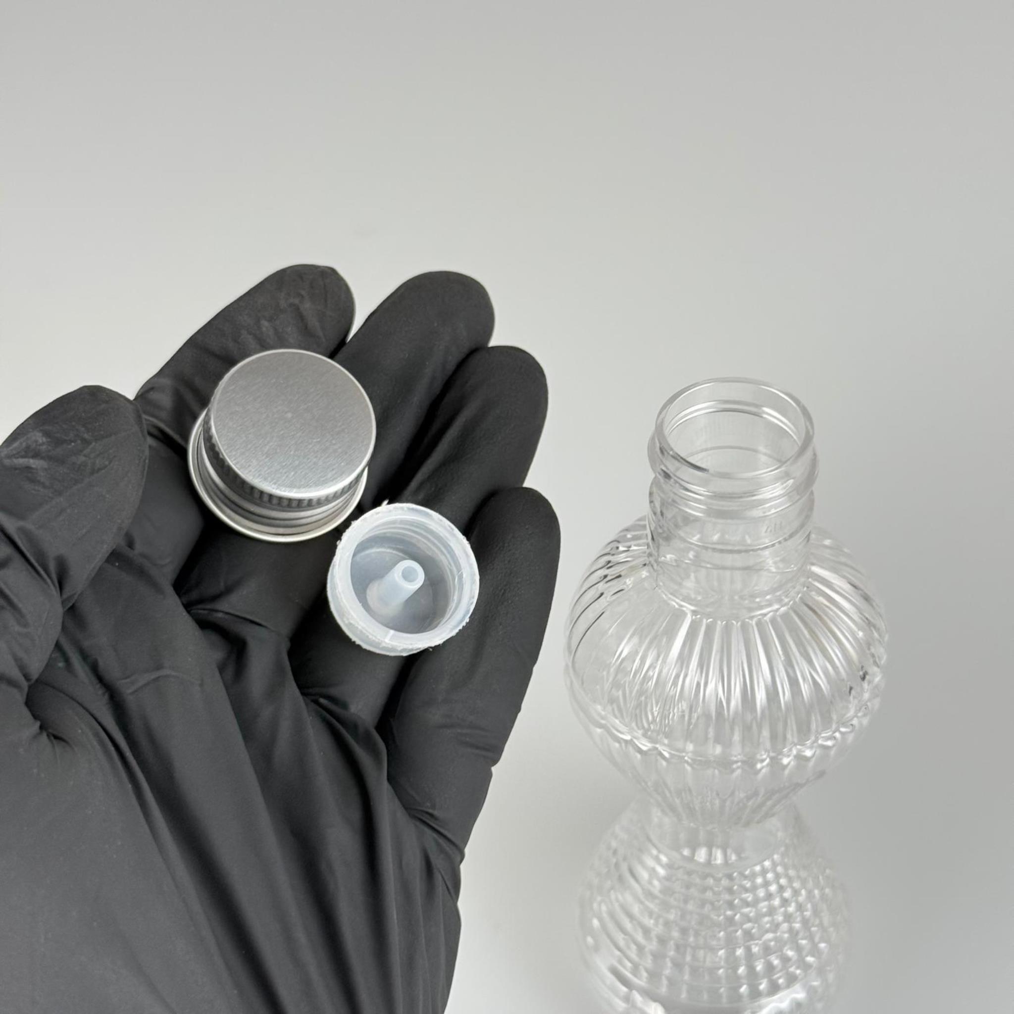100 CC PIRLANTA CAMPET ŞİŞE (24 AĞIZ) + KÖPÜK CONTALI GÜMÜŞ METAL ALÜMİNYUM KAPAK + KOLONYA TIPALI TAKIM - 100 ML KAPAKLI CAMPET PLASTİK ŞİŞELER