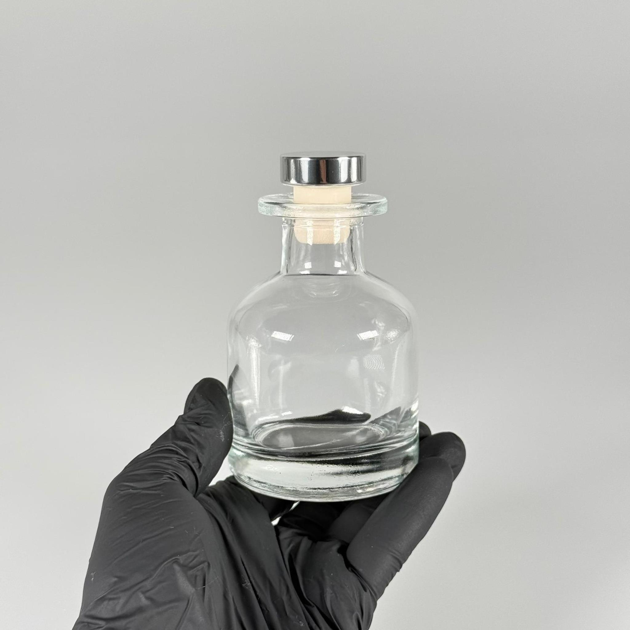 150 CC ŞEFFAF SİLİNDİR BAMBU CAM ESANS ŞİŞESİ - 150 ML KOKU, ESANS, PARFÜMERİ ŞİŞESİ - GÜMÜŞ MANTAR TIPALI TAKIM