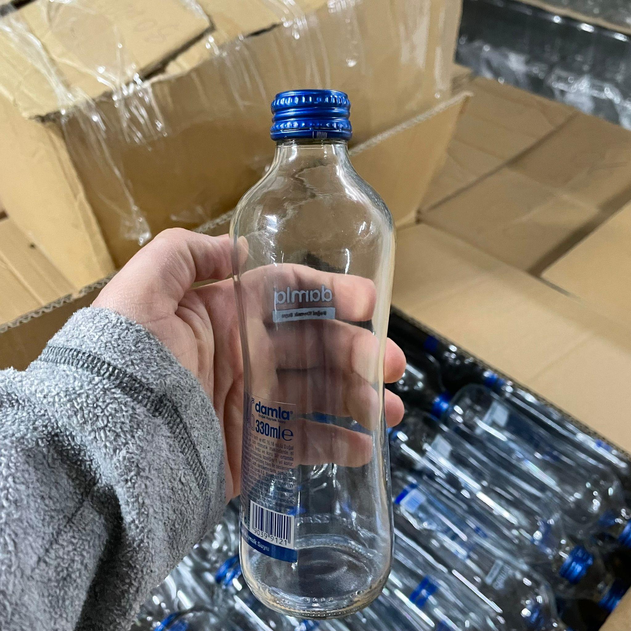 330 CC BOŞ CAM SU ŞİŞESİ - KULLANILMIŞ 2. EL CAM ŞİŞE - CAFETERYADA KULLANILMIŞ UYGUN FİYATLI CAM ŞİŞE - KAPAKLI - 330 ml damla su şişesi