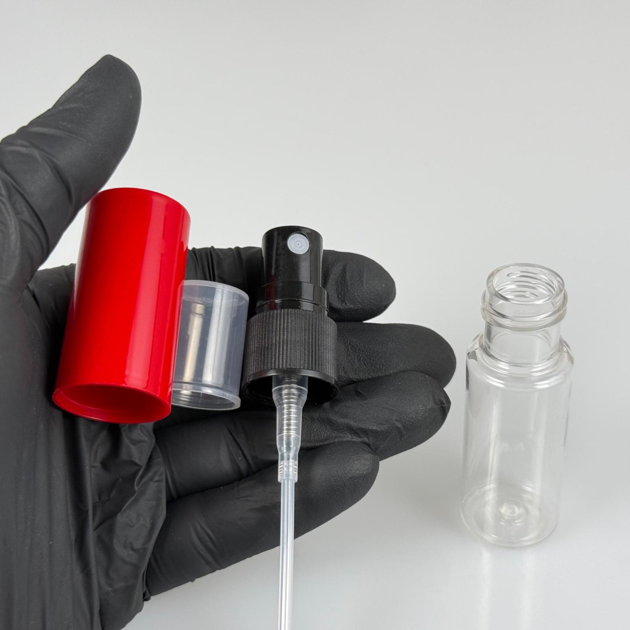 15 CC ŞEFFAF PARFÜM ŞİŞESİ PLASTİK - SİYAH SPREY + KIRMIZI KAPAK - 15 ML PARFÜM ŞİŞESİ PET