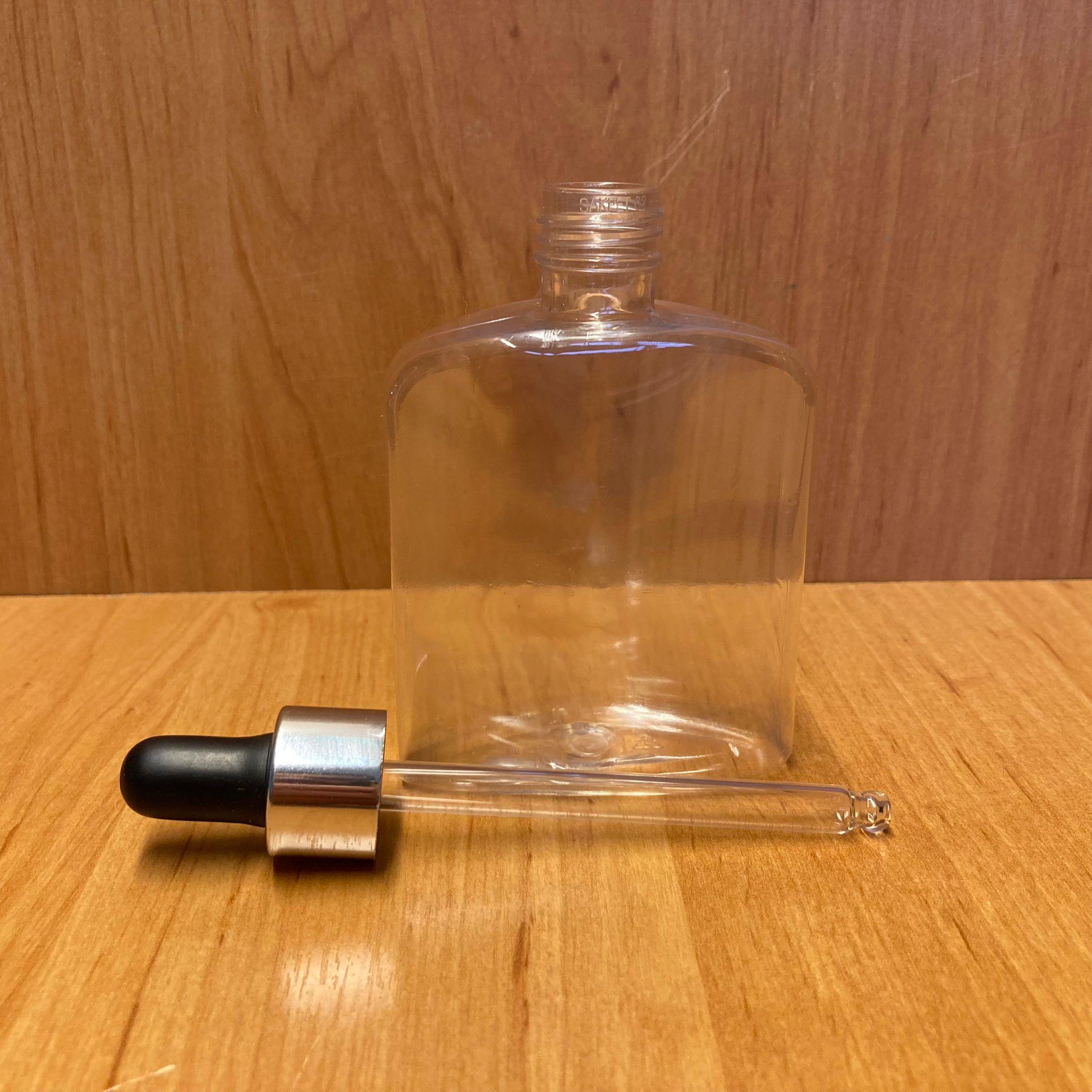 100 CC YASSI MODEL PLASTİK CAM DAMLALIKLI ŞİŞE - SİYAH EMZİK - GÜMÜŞ METALİK KAPAK - 100 ML PLASTİK CAM DAMLALIKLI ŞİŞE