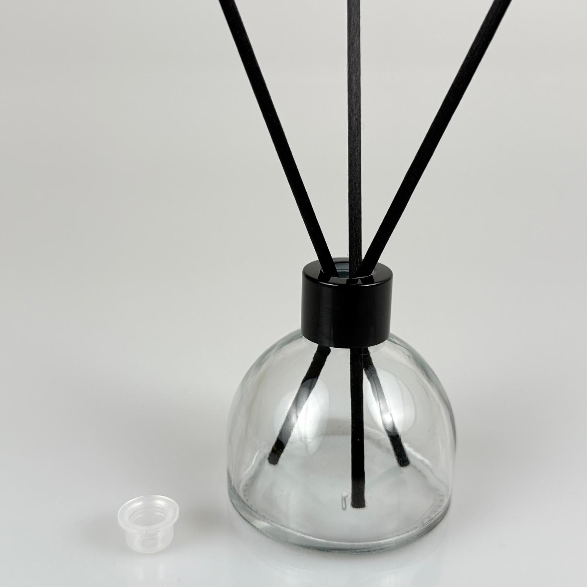 KUBBE MODEL CAM BAMBU ODA KOKUSU ŞİŞESİ + METAL SİYAH KAPAK + TIPA + 3 ADET FİBER BAMBU ÇUBUK - 50 ML SET TAKIM - HEDİYELİK PROMOSYON DİFFUSER ŞİŞELERİ