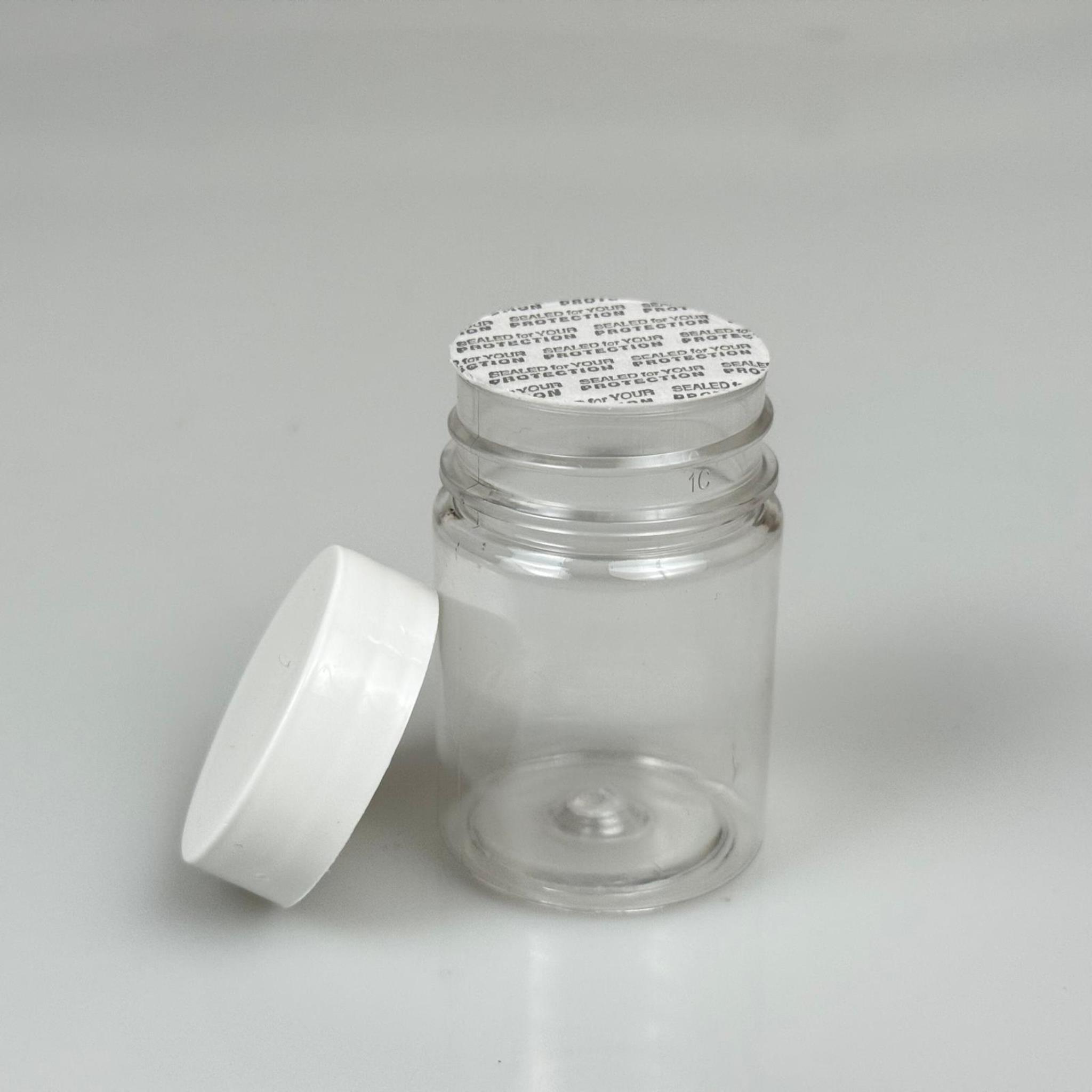 50 CC PET ŞİŞE GENİŞ AĞIZLI  - BEYAZ KAPAKLI + KENDİNDEN YAPIŞKANLI KÖPÜK CONTALI - 50 ML PLASTİK NUMUNE KAVANOZU, MİNİ TABLET KAVANOZU