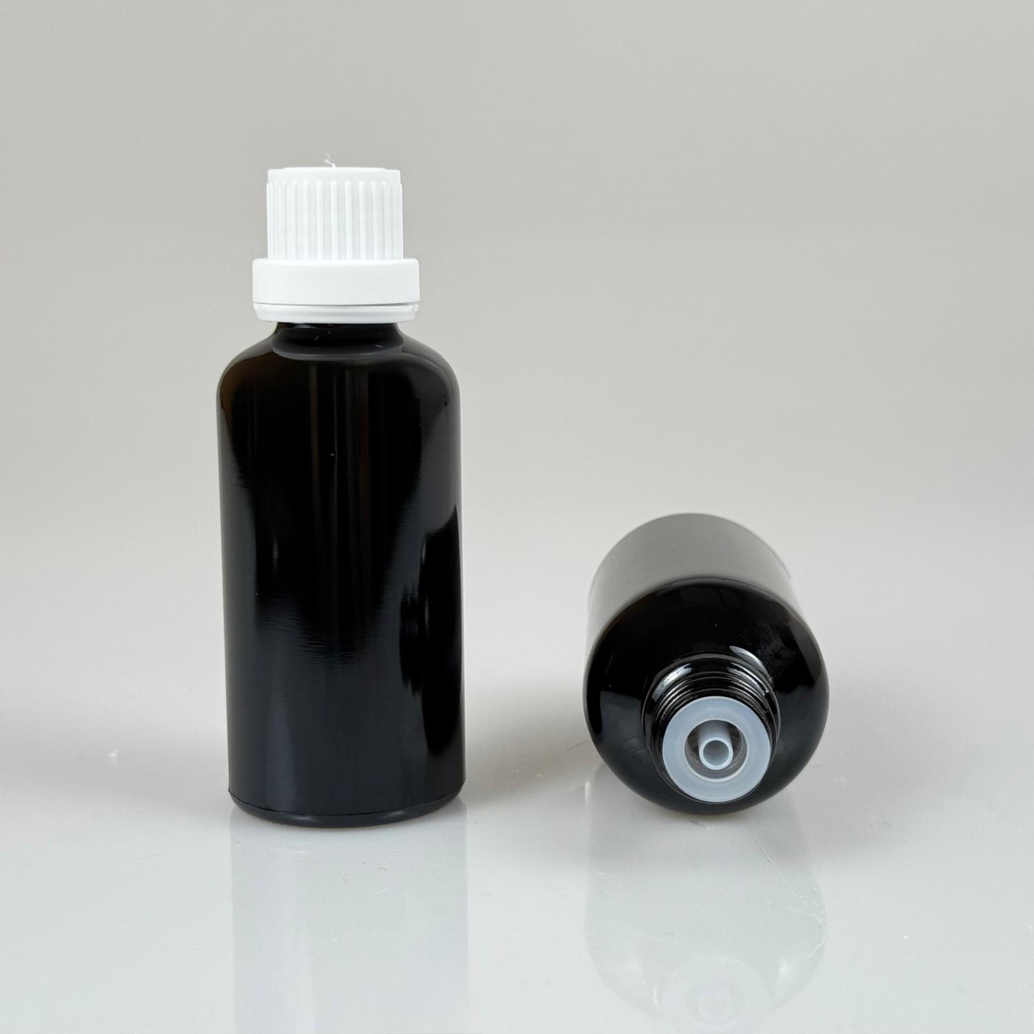 50 CC SİYAH İÇTEN DAMLALIKLI - BEYAZ KİLİT KAPAKLI CAM ŞİŞE - 50 ML SİYAH STANDART İÇTEN DAMLALIKLI CAM ŞİŞE