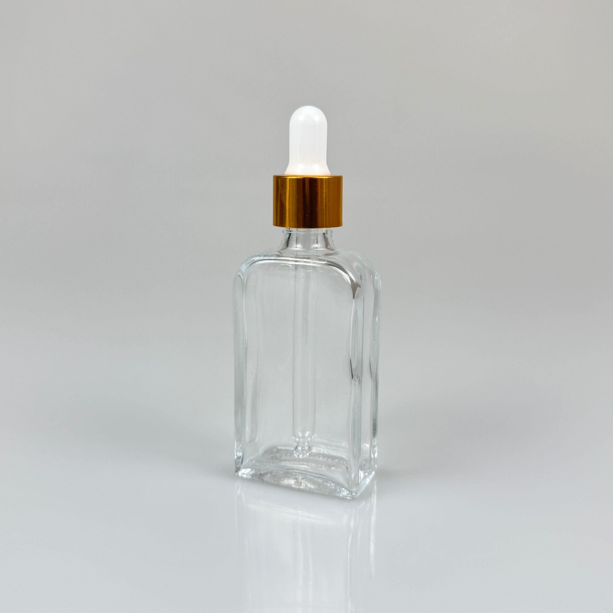 40 CC YASSI DİKDÖRTGEN PRESTİJLİ CAM DAMLALIKLI ŞİŞE - BEYAZ EMZİK - GOLD METALİK KAPAK - 40 ML CAM DAMLALIKLI ŞİŞE - DAMLALIKLI BOŞ ŞİŞE