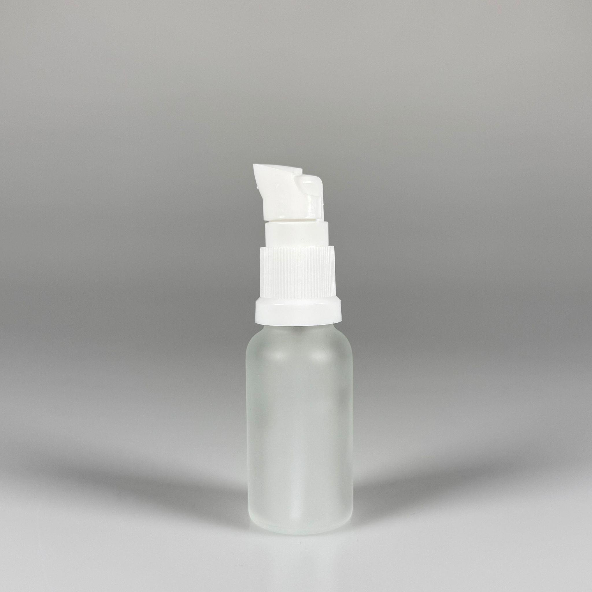 20 CC BUZLU CAM ŞİŞE - SIZDIRMAZ ETEKLİ BEYAZ LOSYON POMPALI TAKIM - 20 ML LOSYON ŞİŞESİ - YAĞ, KREM GİBİ YOĞUN KIVAMLI SIVILAR İÇİN CAM AMBALAJ