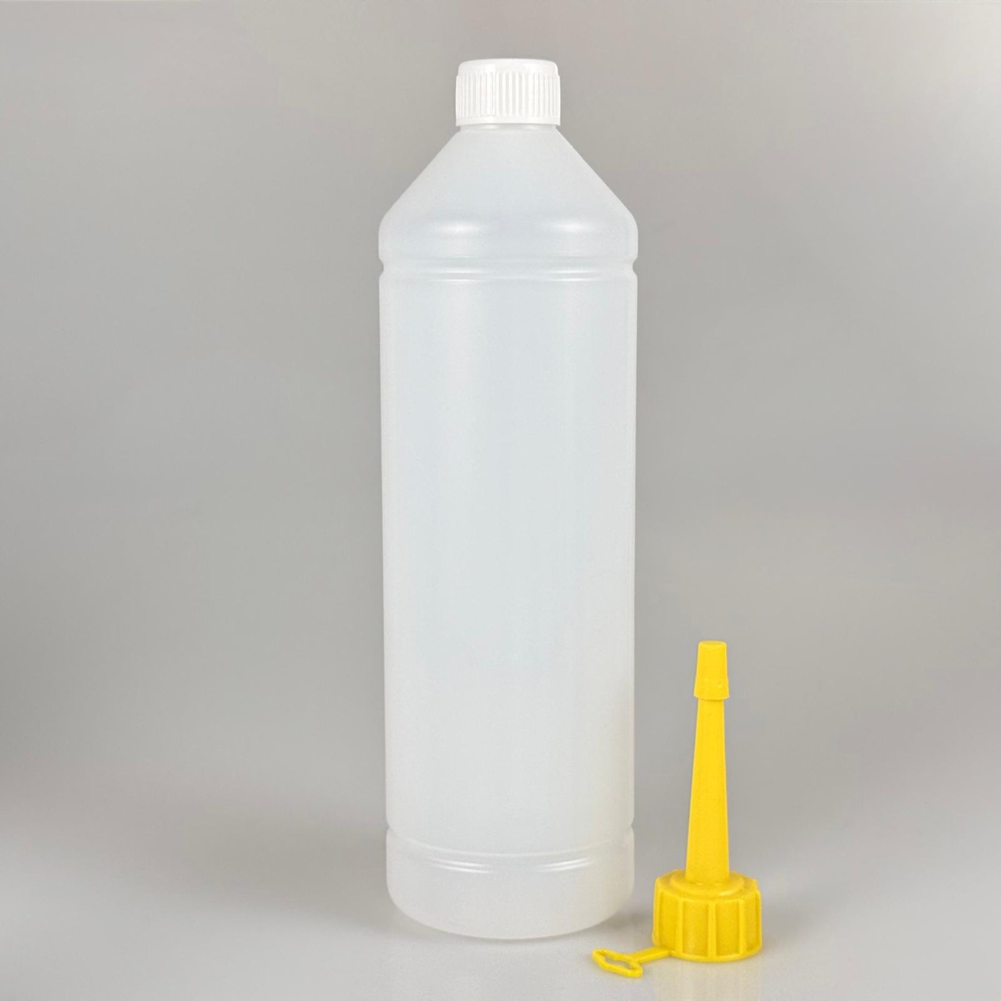 1000 CC UZUN TİNER ŞİŞESİ - KÖPÜK CONTALI BEYAZ KAPAKLI + AKITICILI SİVRİ SARI KARTUŞ KAPAKLI - 1000 ML KİMYASALA DAYANIKLI PLASTİK ŞİŞE - 1 LT POLİETİLEN ŞİŞE UZUN