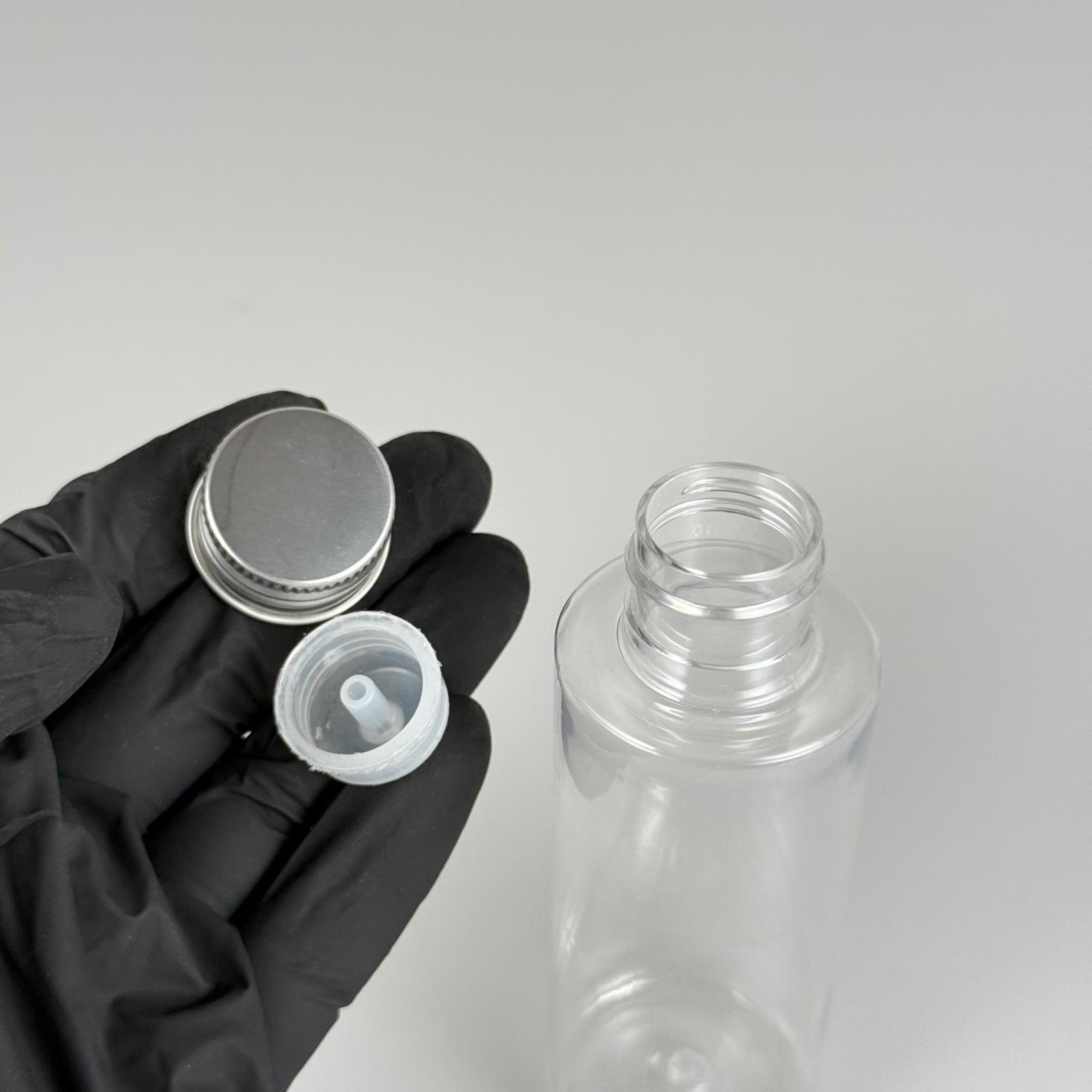 100 CC SİLİNDİR KESKİN KÜT MODEL SERT (17 GR) PET KOLONYA ŞİŞESİ 24 AĞIZ + KÖPÜK CONTALI GÜMÜŞ METAL ALÜMİNYUM KAPAK TAKIM - 100 ML KAPAKLI PLASTİK ŞİŞELER