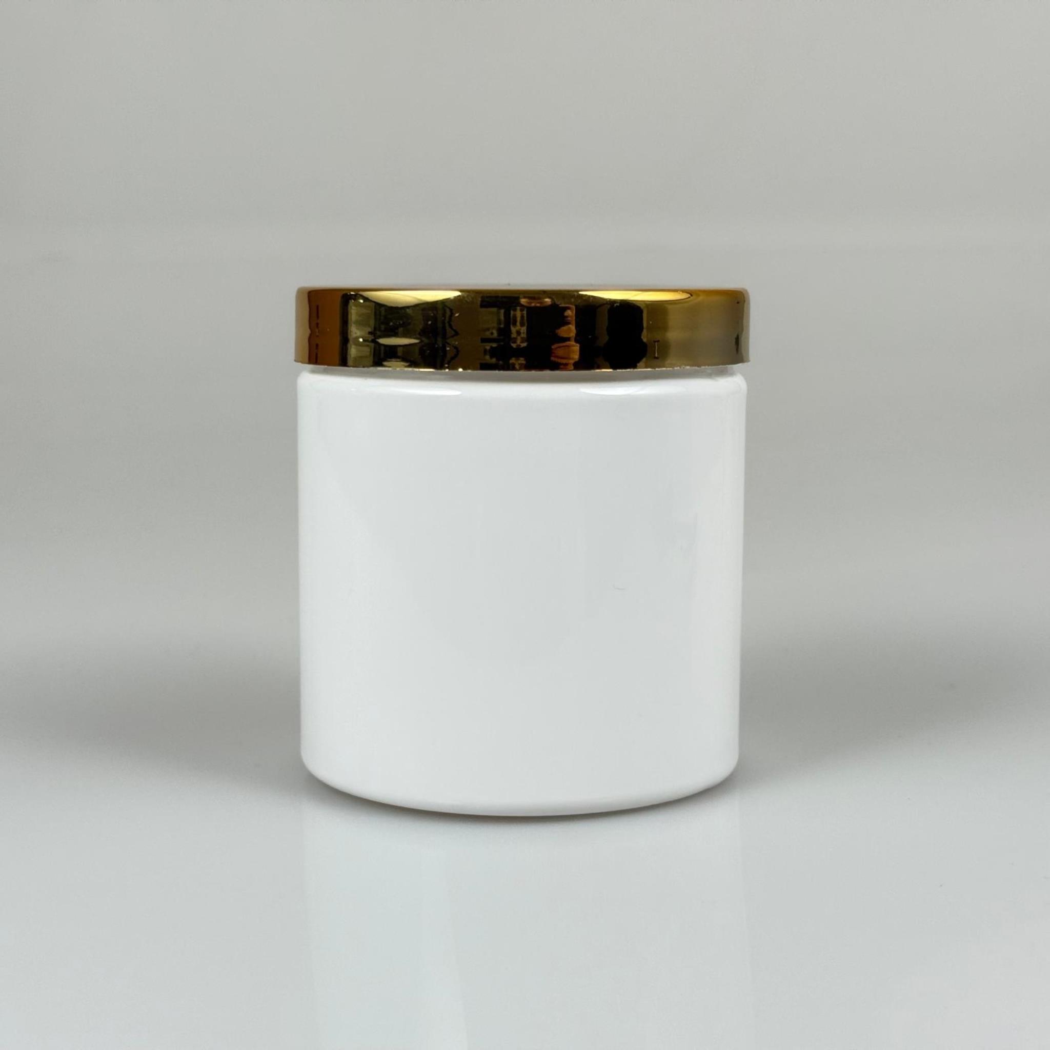 250 CC BEYAZ SERT PLASTİK KAVANOZ - GOLD KAPLAMALI PLASTİK KAPAKLI - 250 ML PLASTİK KAPAKLI PLASTİK KAVANOZ - KOZMETİK KAVANOZ, GIDA KAVANOZU VE KREM KAVANOZU OLARAK KULLANABİLİRSİNİZ