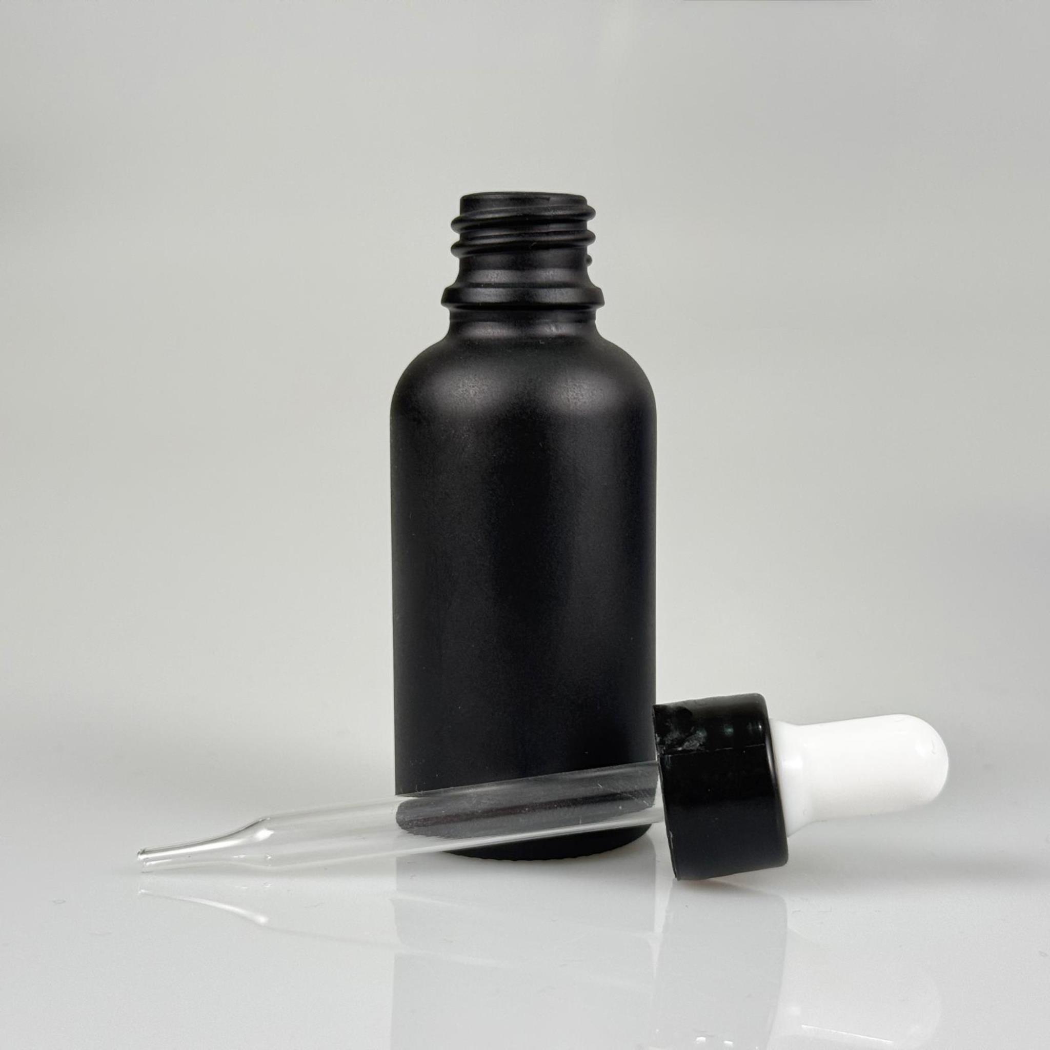30  CC MAT SİYAH İNCE UÇLU CAM DAMLALIKLI ŞİŞE - BEYAZ EMZİK + SİYAH DÜZ KAPAK + CAM PİPET TAKIM - 30 ML MAT SİYAH İNCE UÇLU DAMLALIKLI ŞİŞE SETİ