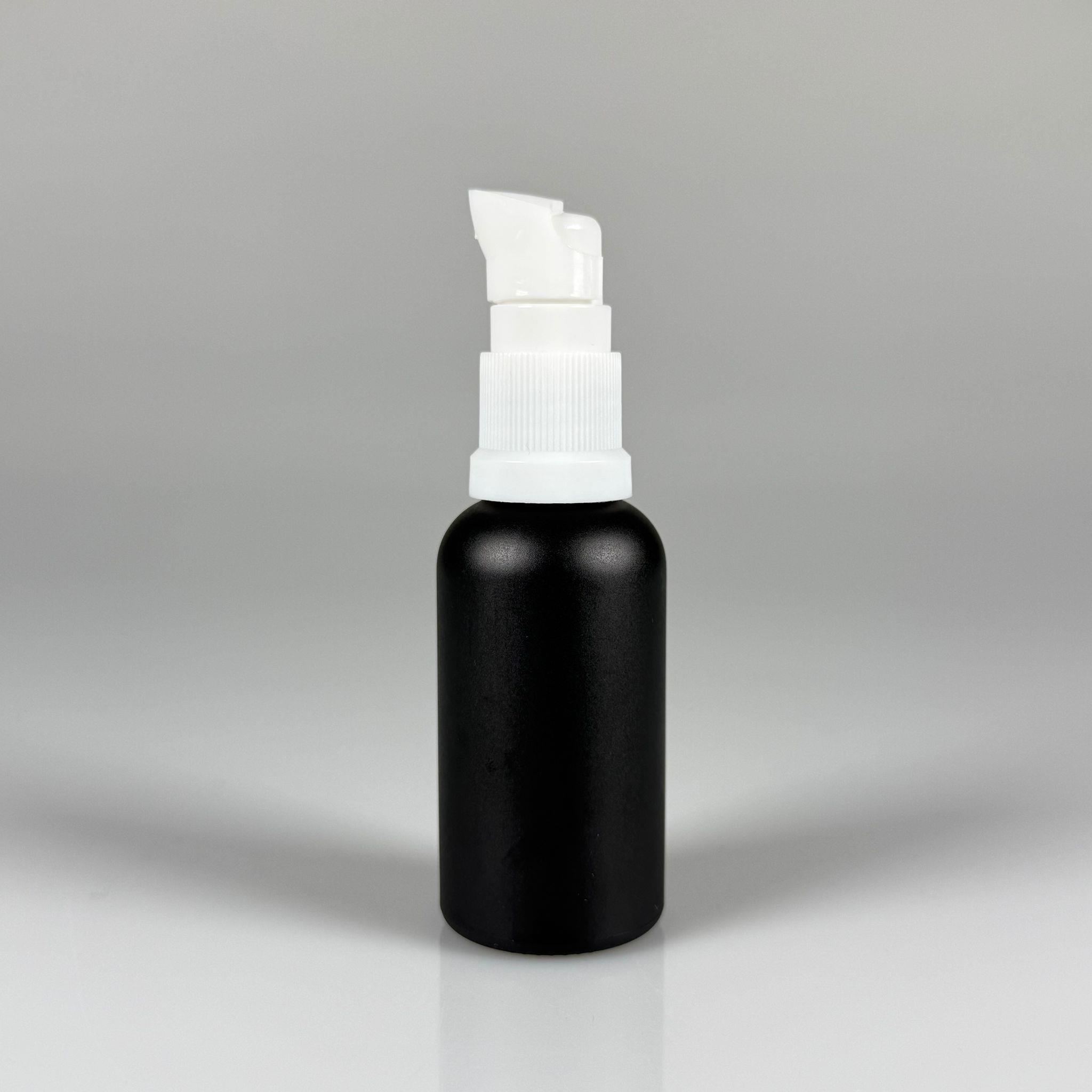30 CC MAT SİYAH CAM ŞİŞE - SIZDIRMAZ ETEKLİ BEYAZ LOSYON POMPALI TAKIM - 30 ML LOSYON ŞİŞESİ - YAĞ, KREM GİBİ YOĞUN KIVAMLI SIVILAR İÇİN CAM AMBALAJ